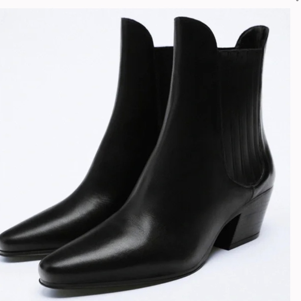 Black leather cowboy ankle booties, Zara, size 7.5